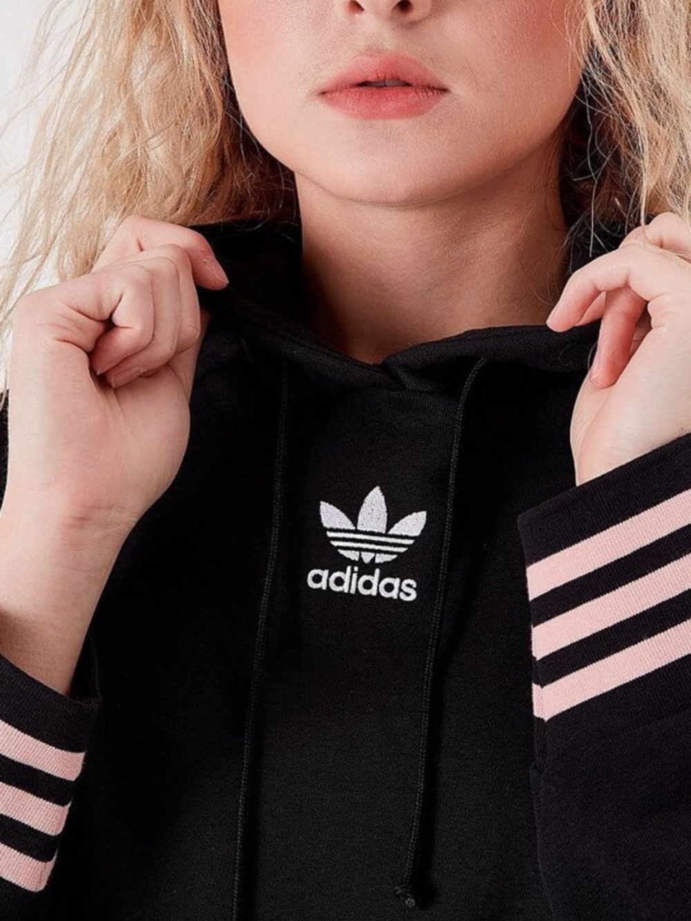 adidas Oversized Hoodie Black French Terry Pink Stripe Small